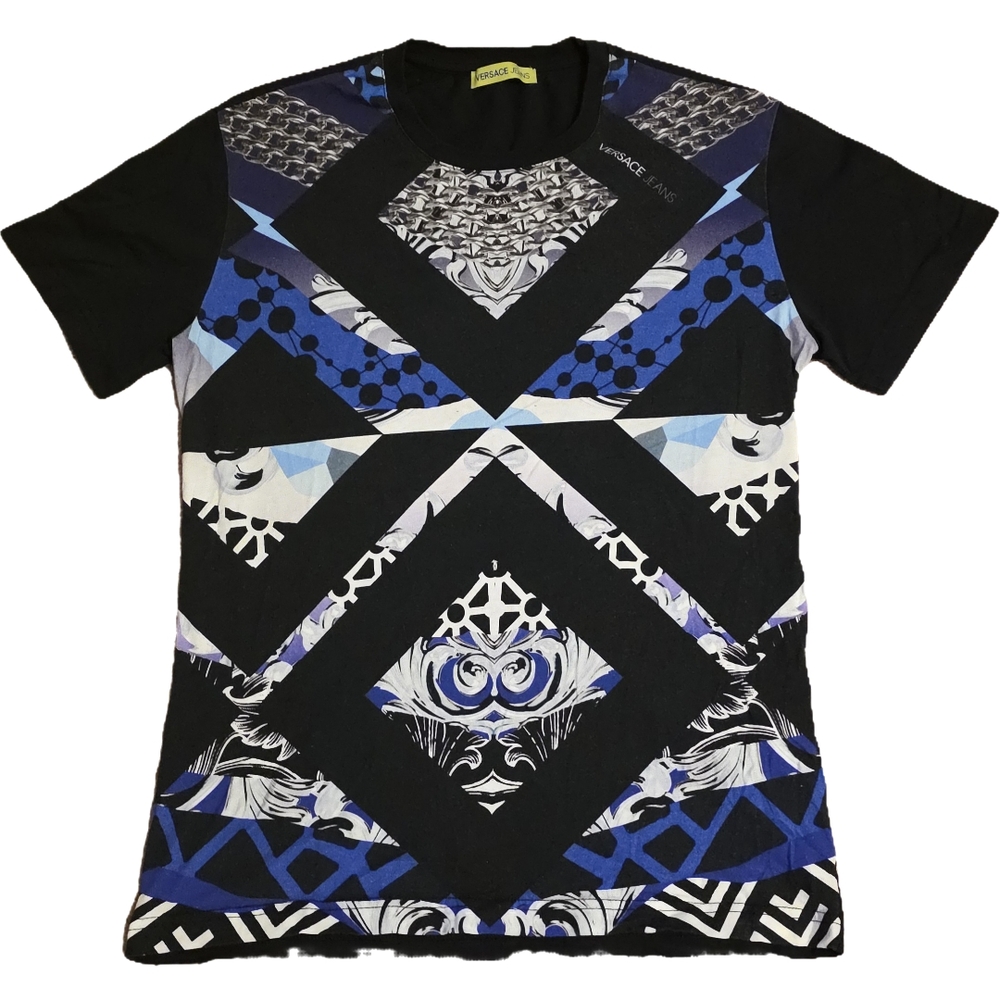 Versace Men's Black and Blue Graphic T-Shirt - AUTHENTIC